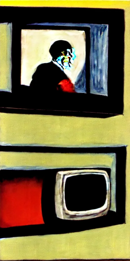 Image similar to edward hopper painting of a crt television broadcasting propaganda out of the screen, lots of people with no eyes. one normal person with eyes, a young man, frightened about what is going on around him s 1 5 0