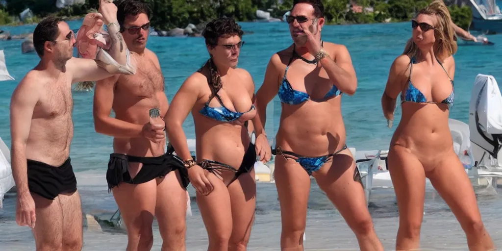 Image similar to photo of a 4 0 year old man that looks young for his age dating a very attractive 2 2 year old woman wearing a bikini. his wife is visibly upset in the background. lol