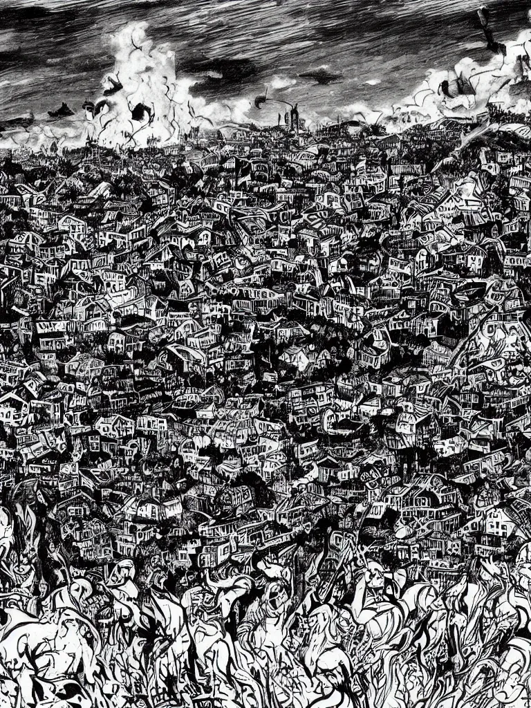 Prompt: field on fire, demons attacking humans, destroyed town in background, black and white, manga