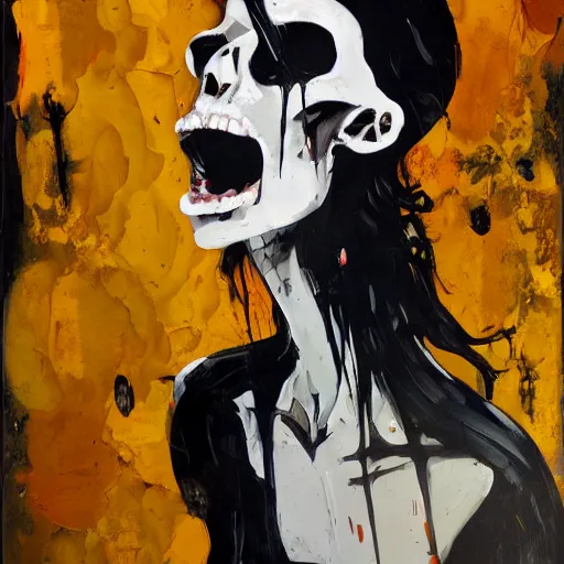 Image similar to vertical stack of three skulls vomiting black tar, anna bocek