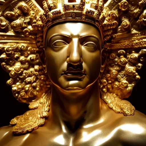Prompt: portrait of jeff bezos in the form of a giant greek statue in pure gold, with a gold crown, baroque elements in the background, museum. intricate artwork by michelangelo. photorealistic. ultra detailed. flash. octane render. cinematic. 4 k bokeh.