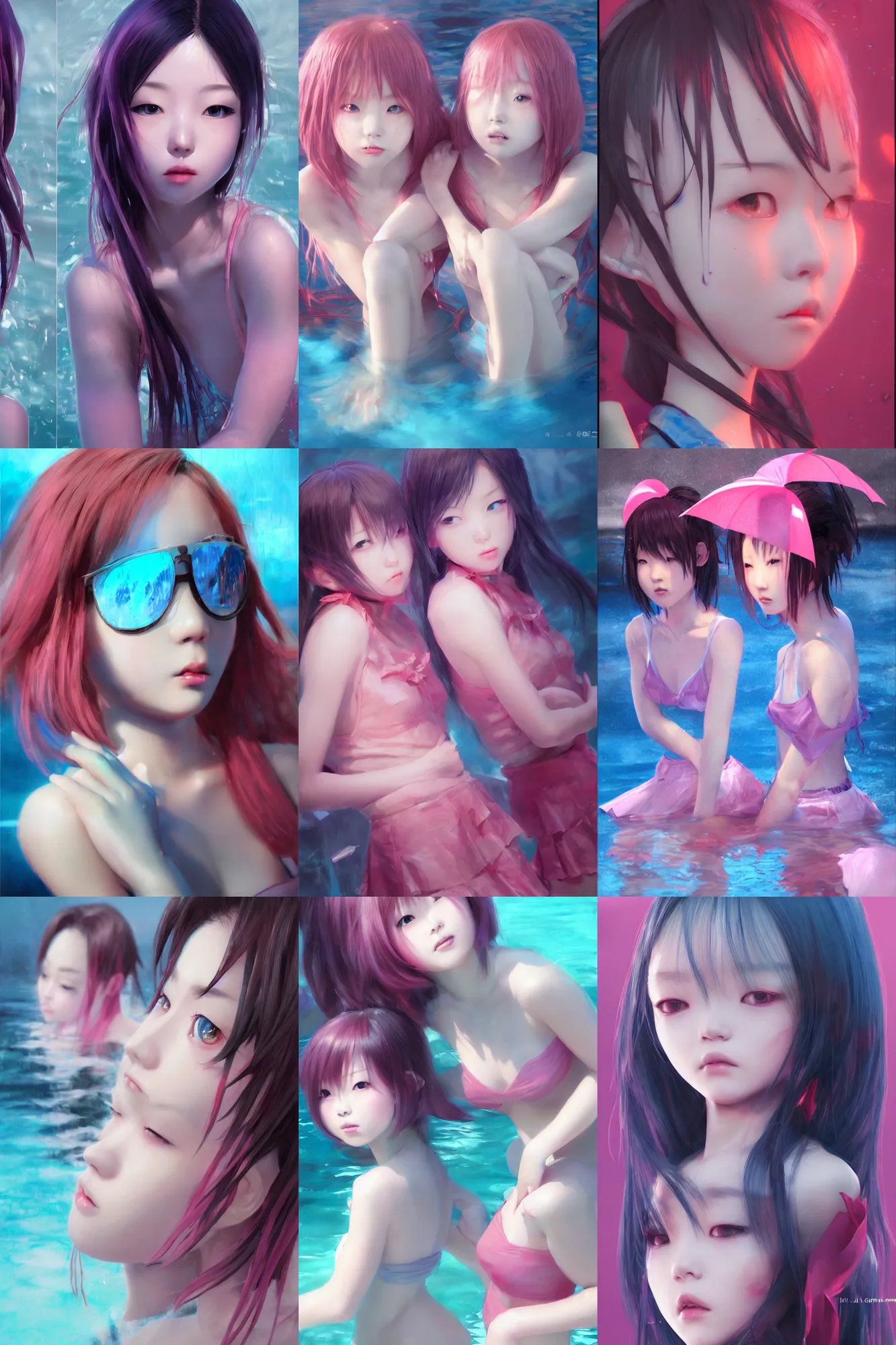 Prompt: 3d dark infrared octane render concept art by D. Jun, by Mo Xiang Tong Xiu, by Igarashi Daisuke, beauty portrait anime schoolgirls under dark pink and blue water. cute face. wet reflections. dramatic light, trending on artstation, oil painting brush