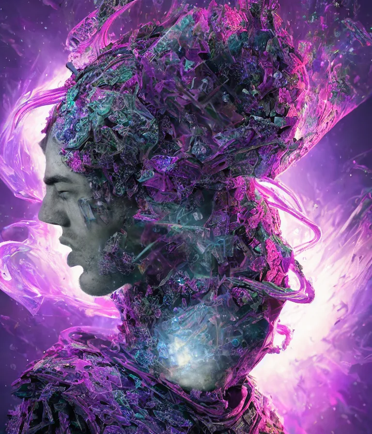 Image similar to impressive spectacular front!! shot photo of a court jester character fine portrait fine portrait mesmerizing fractal hyper cubes platinum cracked dark future hyper dimensional space galactic crystal nebula edges elegant detailed intricate concept artstation sharp focus ray tracing cinematic masterpiece temporal corruption beeple wlop germ 8 4 k scifi glossy hyper realistic illustration canon eos r 3 fujifilm x - t 3 0 sony alpha a 6 6 0 0