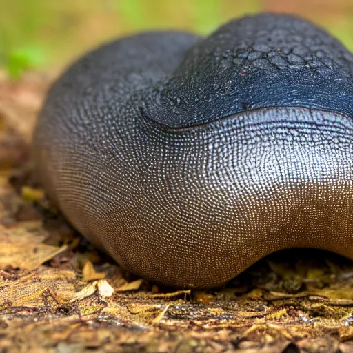 Image similar to giant slug smiling, high res, closeup, photography,