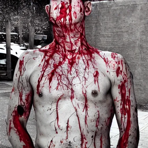 Image similar to ultra detailed photo of a man with many bloody arms covering his entire body