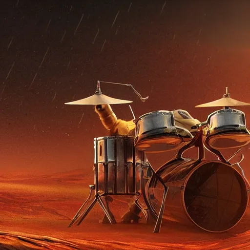 Image similar to UHD closeup of a Photorealistic Robot playing Drums during a wicked lightning storm on Mars, with a cool pose, by Antonio Caparo and Ferdinand Knab and Greg Rutkowski, UHD, photorealistic, trending on artstation, trending on deviantart