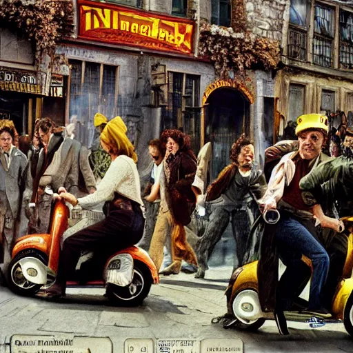 Prompt: a photo by ted nasmith and hans zatzka and quentin tarantino, a y 2 k aesthtic hip scooter messenger driving through a crowded city street