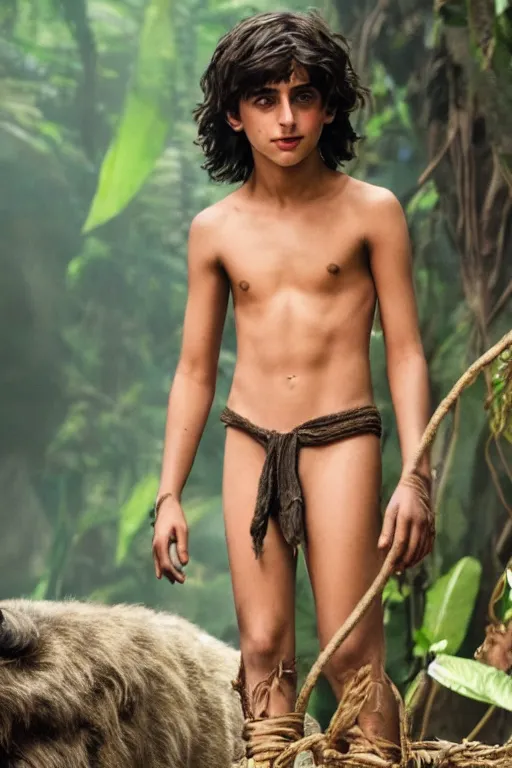 Prompt: young timothee chalamet plays mowgli in the live action adaptation of the jungle book, 3 5 mm photography, highly detailed, cinematic lighting, 4 k