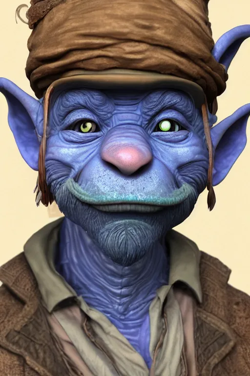 Prompt: a highly detailed painted 3 d model of a blue wrinkled goblin merchant with a mustache : 1 | centered, colorful, matte background : 0. 9 | by james gurney : 1. 2 | unreal engine, deviantart, artstation, octane, finalrender, zbrush, keyshot, concept art, hd, 8 k resolution : 0. 8