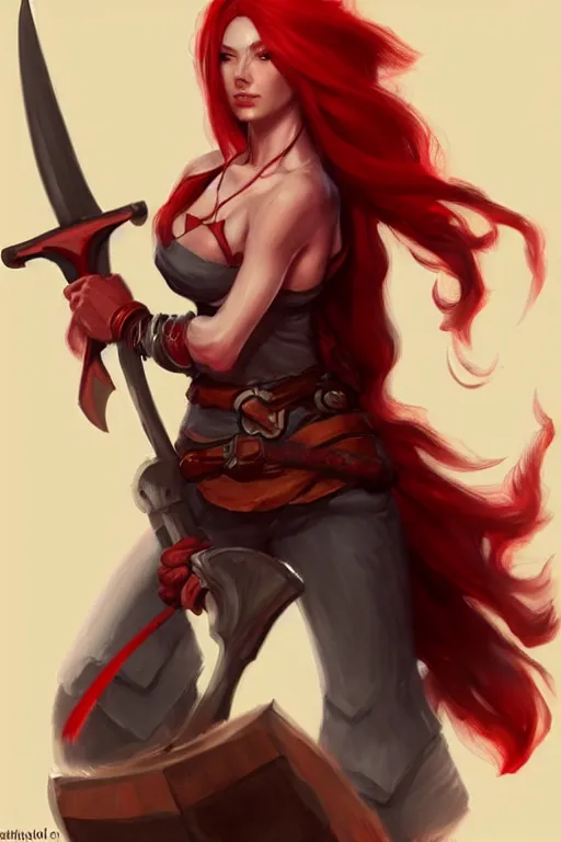 Prompt: a woman with red hair holding two large axes, concept art by senior character artist, true anatomy, artstation contest winner, fantasy art, concept art, artstation hd, 2 d game art