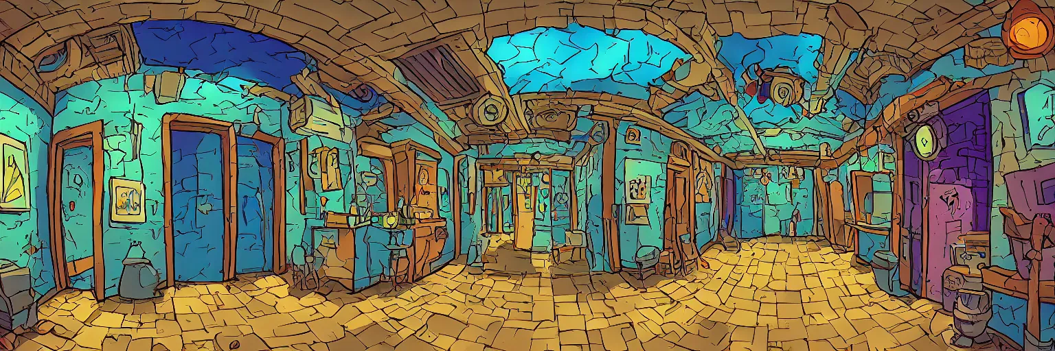 Prompt: dimly lit, theater access corridor, 3 doors, day of the tentacle style, fish eye, by Makoto Shinkai, clean lineart and color, vibrant