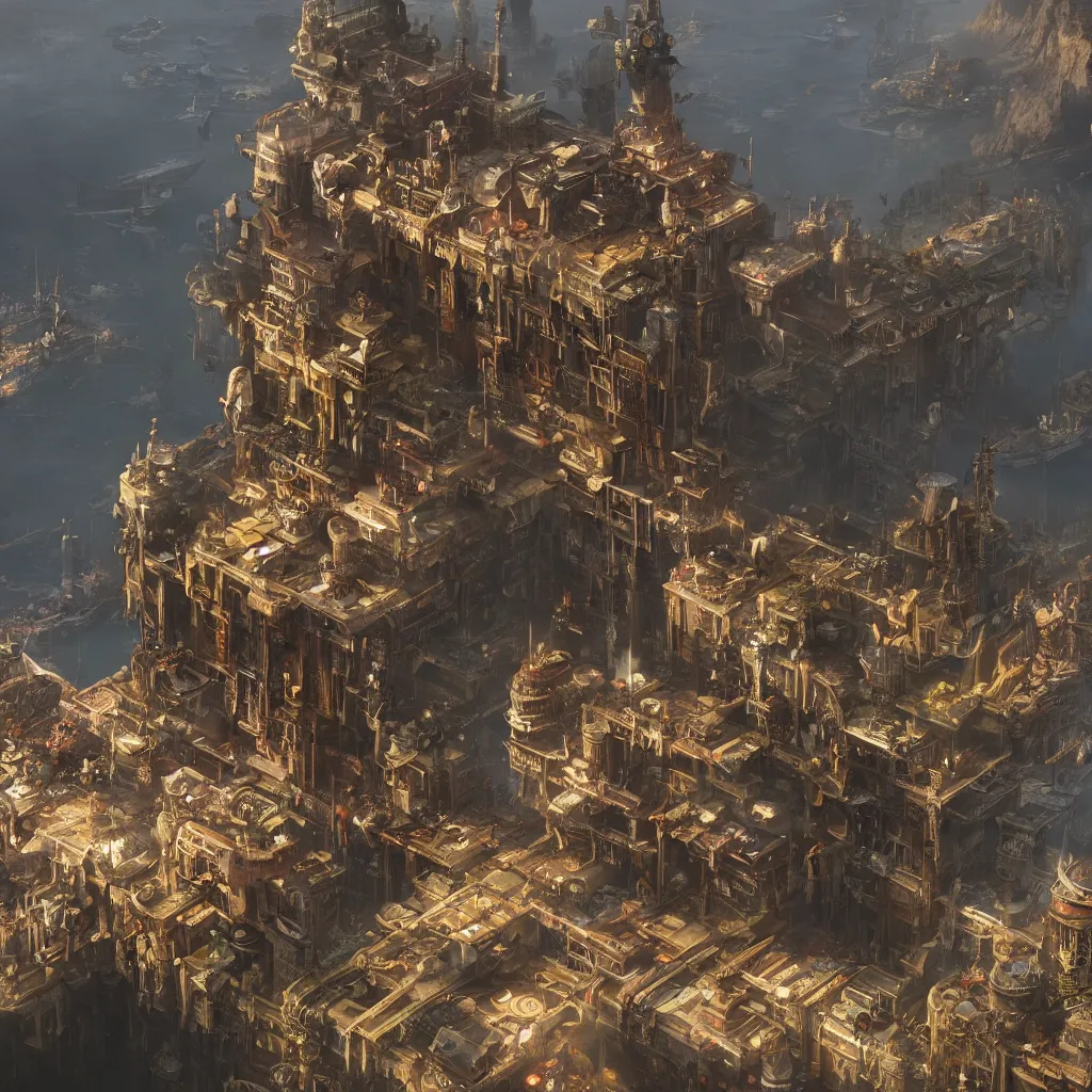 Image similar to a steampunk city combined with a floating island by Greg Rutkowski, Sung Choi, Mitchell Mohrhauser, Maciej Kuciara, Johnson Ting, Maxim Verehin, Peter Konig, final fantasy , 8k photorealistic, cinematic lighting, HD, high details, atmospheric , trending on artstation