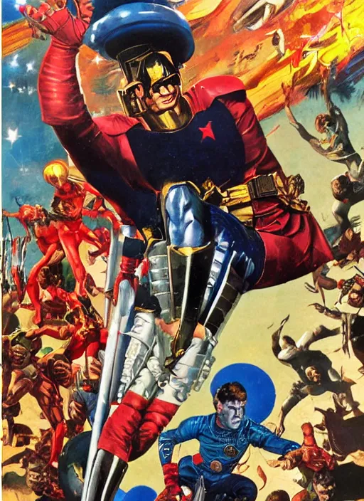 Prompt: full body and head portrait of javier badren as galactacus, dynamic action, painted by norman rockwell and phil hale and greg staples and tom lovell and frank schoonover and jack kirby