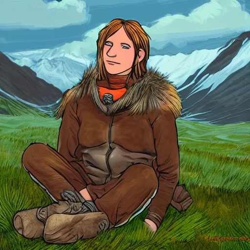 Prompt: Ymir sitting at a fire camp in Jötunheimr. Digital art.