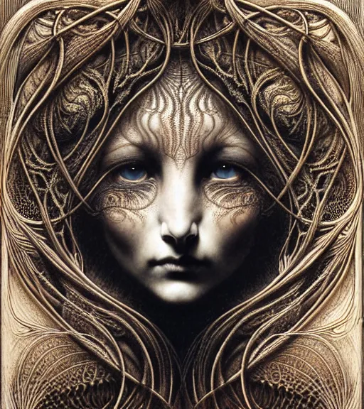 Prompt: detailed realistic beautiful bast goddess face portrait by jean delville, gustave dore, iris van herpen and marco mazzoni, art forms of nature by ernst haeckel, art nouveau, symbolist, visionary, gothic, neo - gothic, pre - raphaelite, fractal lace, intricate alien botanicals, ai biodiversity, surreality, hyperdetailed ultrasharp octane render