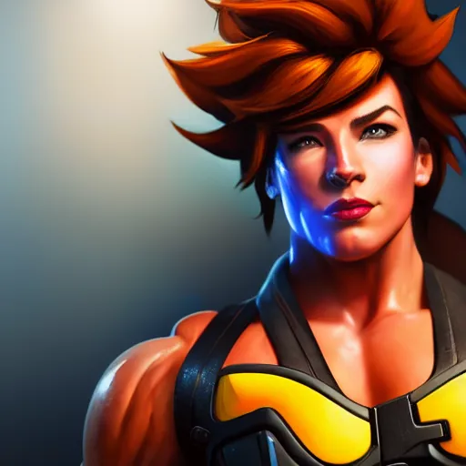 Image similar to a screenshot of arnold schwarzenegger as tracer in overwatch, portrait, fantasy, beautiful face, vivid colors, elegant, concept art, sharp focus, digital art, hyper - realistic, 4 k, unreal engine, highly detailed, hd, dramatic lighting by brom, trending on artstation