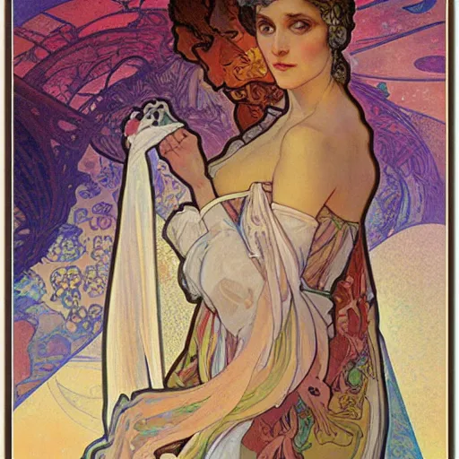 Image similar to a new fresh and epic Alfons Mucha painting