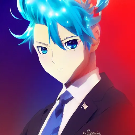 Image similar to anime portrait of Donald Trump with Blue Hair as an anime boy by Stanley Artgerm Lau, WLOP, Rossdraws, James Jean, Andrei Riabovitchev, Marc Simonetti, and Sakimichan, trending on artstation