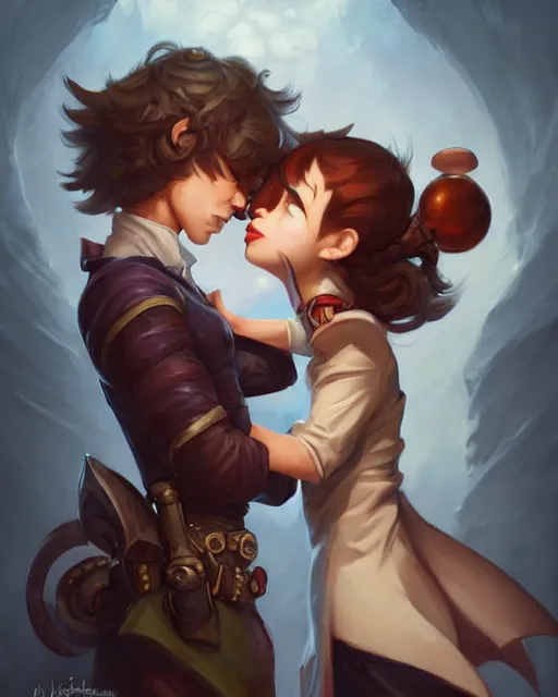 Image similar to cute little anthropomorphic akechi and makoto kissing, cute and adorable, pretty, beautiful, dnd character art portrait, matte fantasy painting, deviantart artstation, by jason felix by steve argyle by tyler jacobson by peter mohrbacher