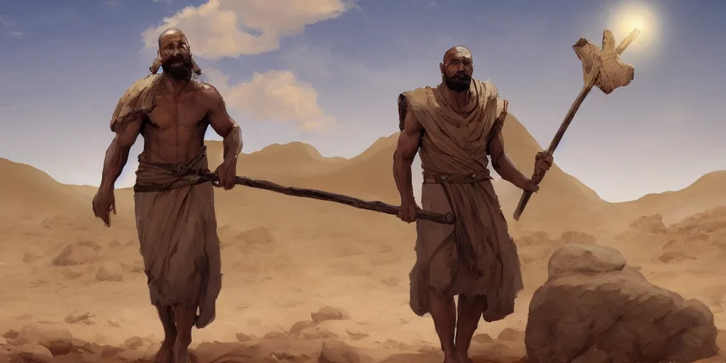 Prompt: A digital painting of a 30 year old man in Biblical clothing walking in the desert with a wooden staff in his hand, by Stanley Artgerm Lau, frank frazetta, Rossdraws, James Jean, gerald brom, Andrei Riabovitchev, Marc Simonetti, and Sakimichan, trending on artstation, SFW version