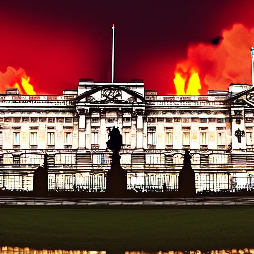 Prompt: photography of Buckingham palace in flames, dark smoke, VFX, cinematic, rule of thirds, golden ratio, evening