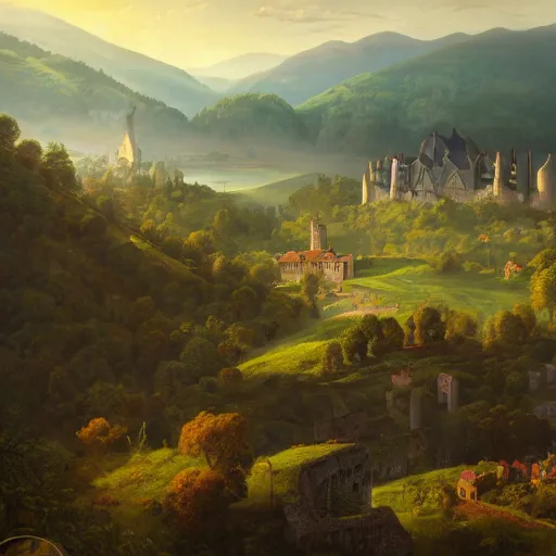 Image similar to Vast verdant valley surrounded by Transylvanian mountains, with a large zeppelin hovering in the foreground, and a ruined medieval castle on the hillside in the background. No villages. Late evening light in the summer, gloomy weather. Hyperrealistic, high quality, sharp, highly detailed, peter mohrbacher, ansel adams.