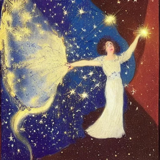 Image similar to The experimental art features a woman with wings made of stars, surrounded by a blue and white night sky. The woman is holding a staff in one hand, and a star in the other. She is wearing a billowing white dress, and her hair is blowing in the wind. violet by Mordecai Ardon, by Ivan Shishkin turbulent, earthy