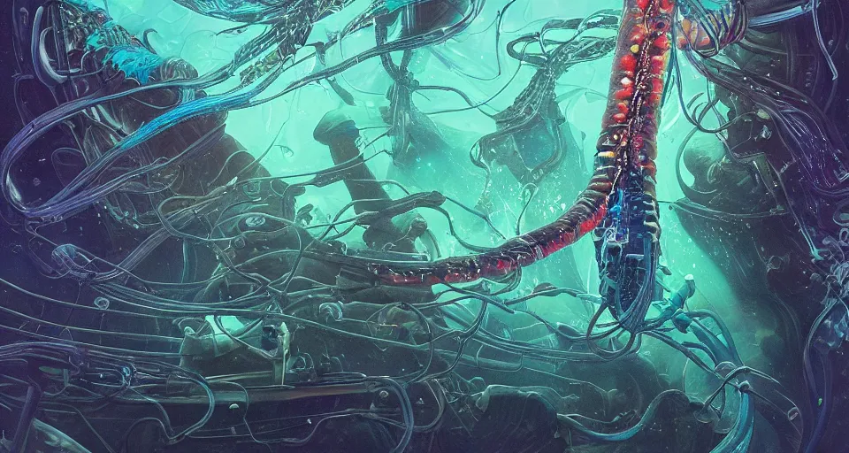 Image similar to bioluminescent cyberpunk siphonophore, extreme light, submersible, deep ocean, organic, mariana trench, midnight zone, bubbles, hyper realistic, hyper detailed, digital art, trending in artstation, studio quality, photorealistic, photo, by jesper ejsing, wlop, paul lehr