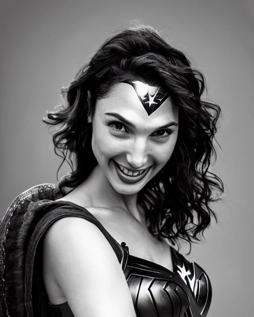 Prompt: gal gadot as she crinkles her nose while laughing, dressed as wonder woman, photorealistic, black and white photography, 2 0 0 mm nikkor m f / 5. 6, 4 x 5 film, bokeh