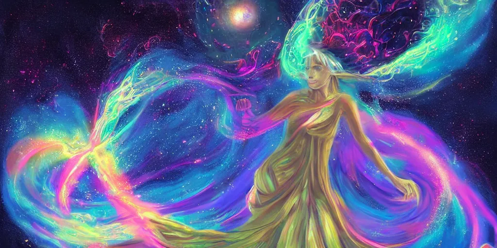 Prompt: massive scale cosmic being, female, magical aura, art by sathish kumar