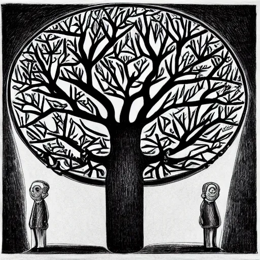 Image similar to the tree of knowledge bearing strange fruit by mc escher, line art, charcoal, ink drawing, illustration, color