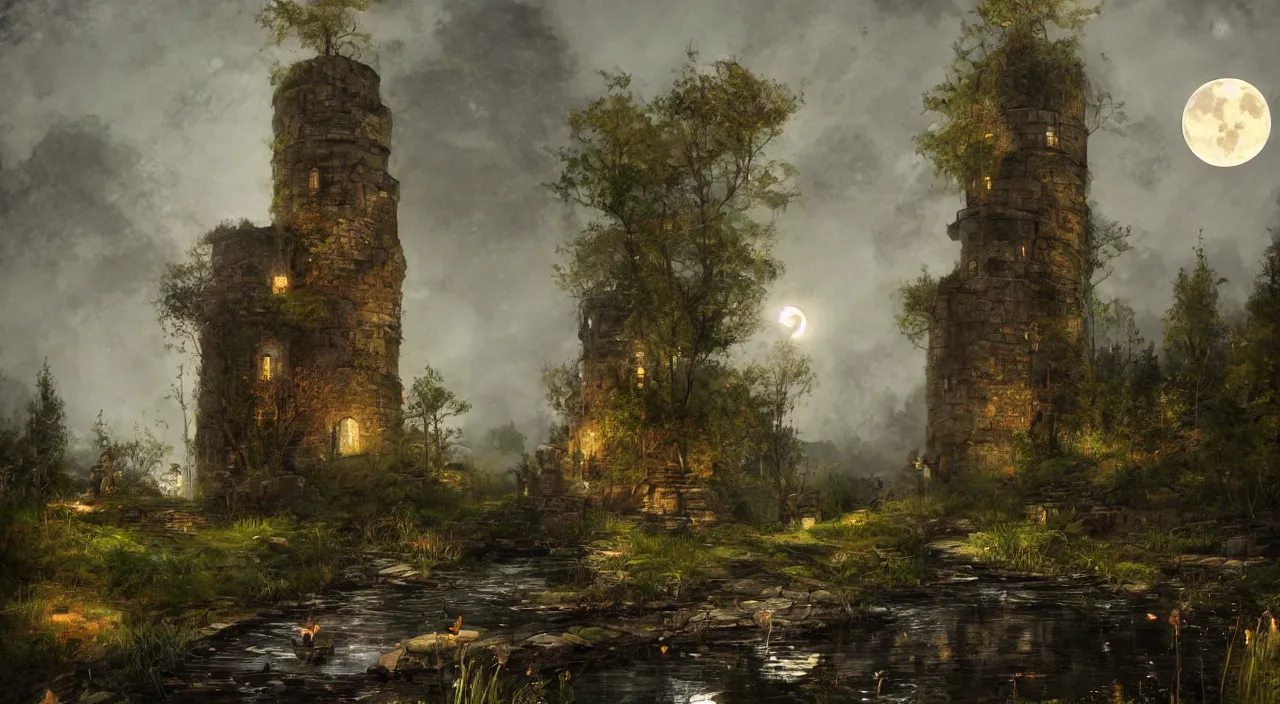 Prompt: cylindrical stone tower building, nighttime, dark, lit by the moon, woodland, steam emerging from culvert under path and flowing into pond, strong colours, vladimir motsar and tyler edlin and john william waterhouse and morgan weistling