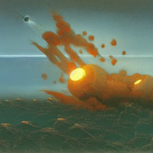 Image similar to naval cannon firing by Zdzisław Beksiński, oil on canvas