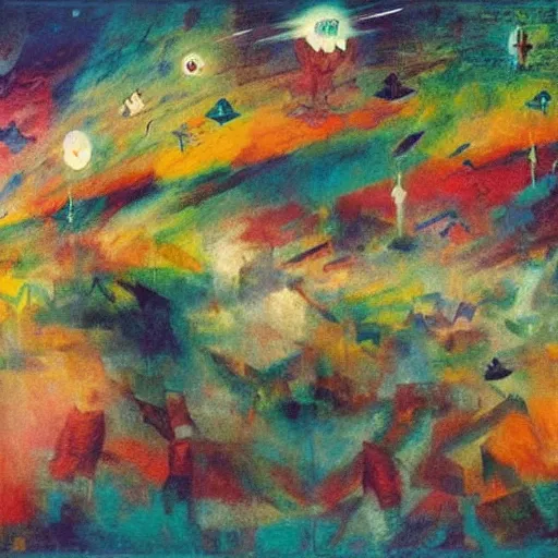 Prompt: ghostly, calm rainbow by c. r. w. nevinson, by jean - paul riopelle. a beautiful conceptual art of a space battle with wild, bright colors.