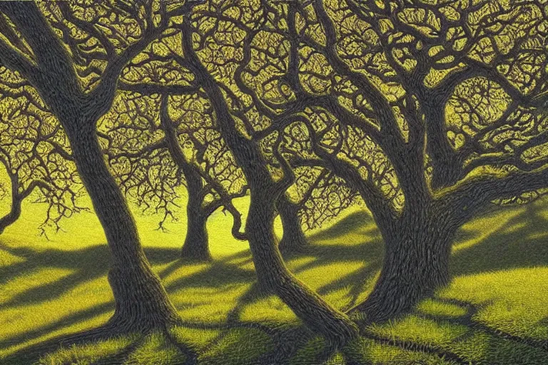 Prompt: masterpiece painting of oak trees on a hillside overlooking a creek, dramatic lighting, by annie ovenden