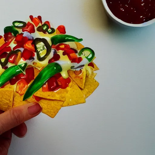 Prompt: watercolor nachos with cheese and jalapeno illustrations, white background, front camera view, forward facing, drawing, cartoon, in the style of shyama golden