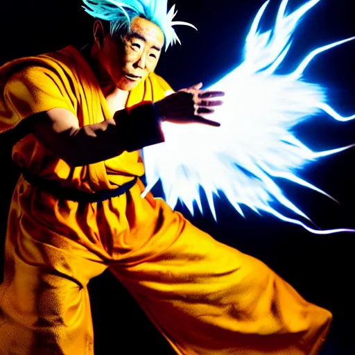 Image similar to uhd candid photo of cosmic jet li as a super sayian powering up, glowing, global illumination, studio lighting, radiant light, hyperdetailed, correct face, elaborate intricate costume. photo by annie leibowitz