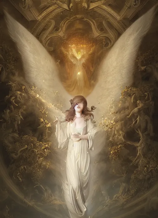 Image similar to angel landed under the gates of heaven, rococo style, magic, holy light, tyndall effect, high definition, lots of details, by wlop