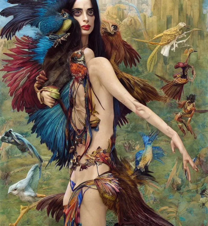 Prompt: a fashion editorial of a meditating fierce krysten ritter as a colorful harpy bird super hero with mutated scaled skin. she has many skin grafts and cyborg body modifications. by donato giancola, hans holbein, walton ford, gaston bussiere, peter mohrbacher and brian froud. 8 k, cgsociety