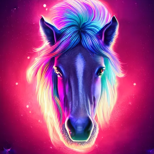 Prompt: digital horse, retrowave palette, highly detailed, anatomically correct equine, synth feel, smooth face, ear floof, flowing mane, no reins, super realism, accurate animal imagery, small mouth, 4 k digital art