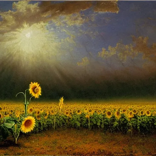 Prompt: A sunflower wrapped in barbed wires, dark smoke, dark clouds in the distance, ray of light. Oil painting by Albert Bierstadt