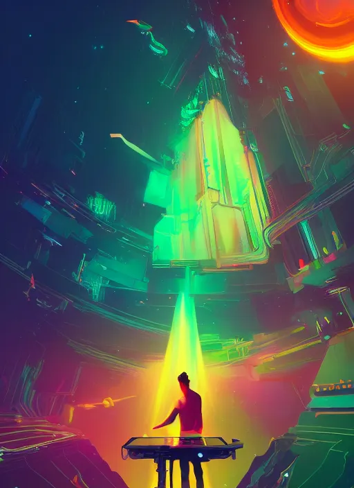 Image similar to Man djing in front of the universe, digital art, dynamic lighting, hyper detailed, artstation, golden ratio, by Anton Fadeev and Beeple and greg rutkowski and liam wong, 4K