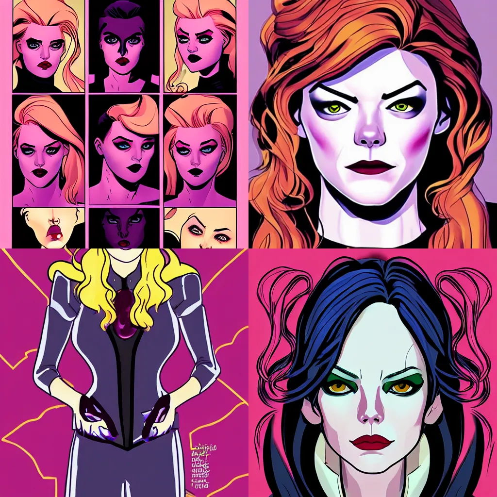 Prompt: in the style of Jamie McKelvie Wicked and the Divine comic, Emma Stone vampire, mood lighting, cinematic lighting, symmetrical face symmetrical eyes