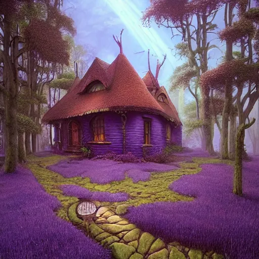 Prompt: hyper realistic homely ornate modern witch cottage distant down a path in the purple swamp gorgeous lighting, blue sky, highly detailed, lush forest by zdzisław beksinski and norman rockwell and greg rutkowskiweta studio, and lucasfilm