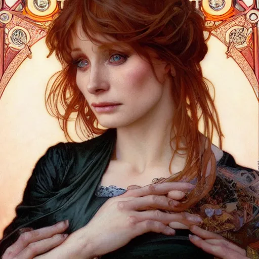 Prompt: realistic detailed face portrait of Bryce Dallas Howard by Alphonse Mucha, Ayami Kojima, Amano, Charlie Bowater, Karol Bak, Greg Hildebrandt, Jean Delville, and Mark Brooks, Art Nouveau, Neo-Gothic, gothic, rich deep moody colors