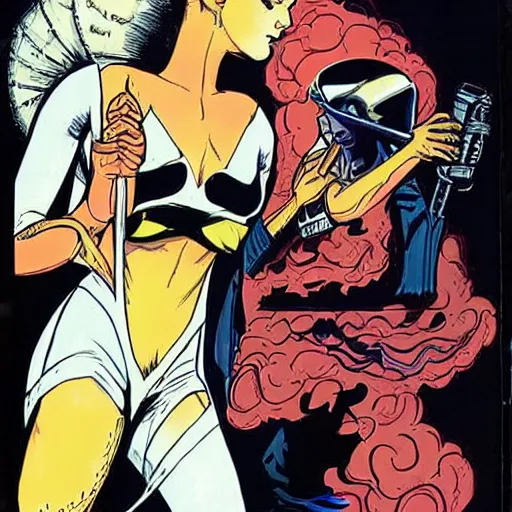 Image similar to stoic heroic square-jawed butch woman engineer in white and gold formal atompunk flight suit, making out with dark angel evil Disney villain queen, on space station, by Mike mignola, comic book cover, illustration, highly detailed