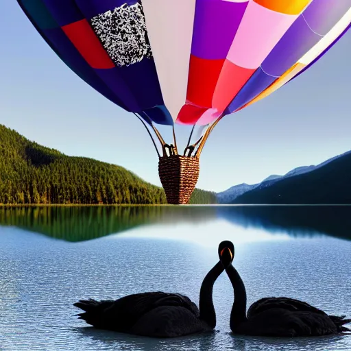 Image similar to photo of two black swans swimming in a beautiful reflective mountain lake, touching heads, forming a heart with their necks, a colorful hot air balloon is flying above the swans, hot air balloon, intricate, portrait, 8k highly professionally detailed, HDR, CGsociety, octane render, 4k