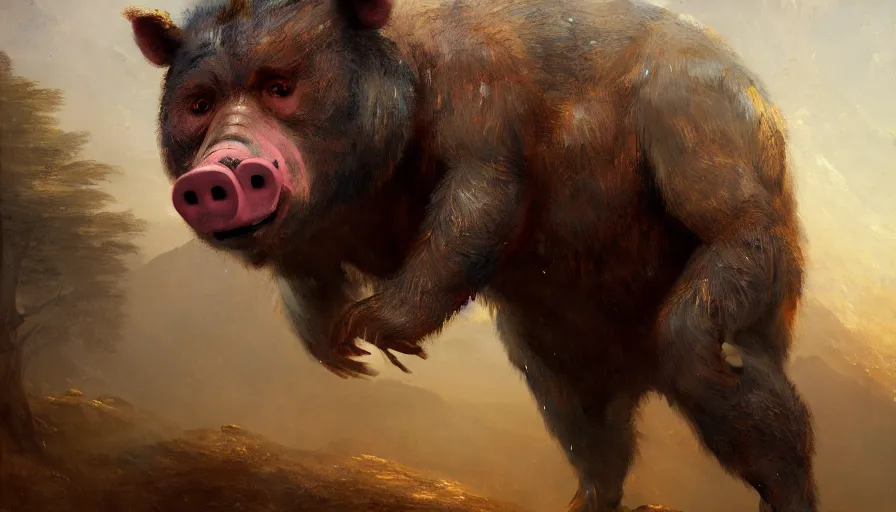 Prompt: highly detailed painting of a humanoid half bear half man pig creature by william turner, by greg rutkowski, by william constable, thick brush strokes and visible paint layers, 4 k resolution