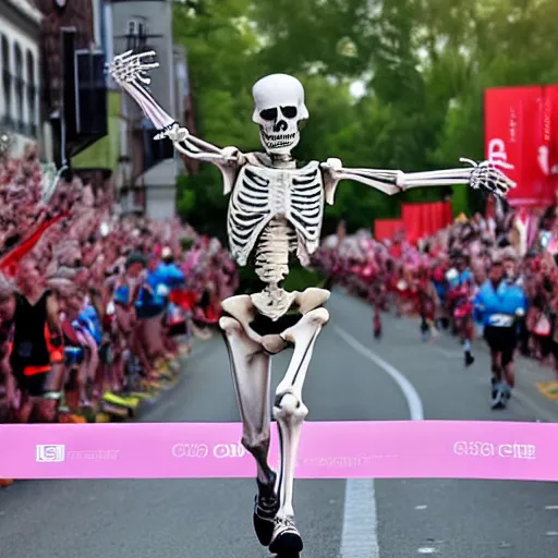 Prompt: A skeleton crossing the finish to win a marathon, award winning photograph,