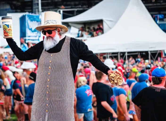 Prompt: photo still of the quaker oats man on stage at vans warped tour!!!!!!!! at age 5 5 years old 5 5 years of age!!!!!!! tossing oatmeal to the crowd, 8 k, 8 5 mm f 1. 8, studio lighting, rim light, right side key light